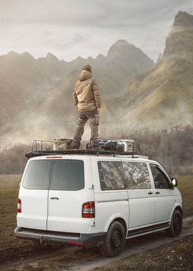Man On Van With Mountains