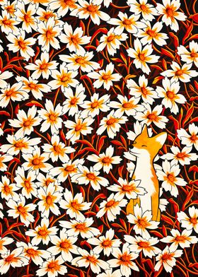 Happy fox and flowers