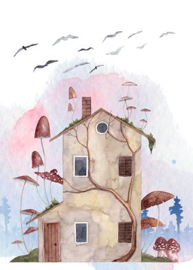 Whimsical house watercolor