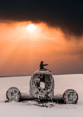 Plane wreck at sunset