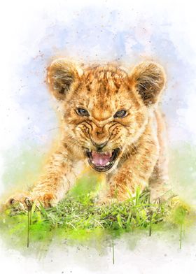 Angry lion baby watercolor