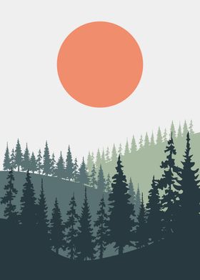 Sun pine tree mountain art