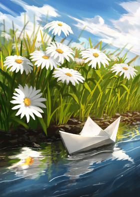 Paper boat and daisies