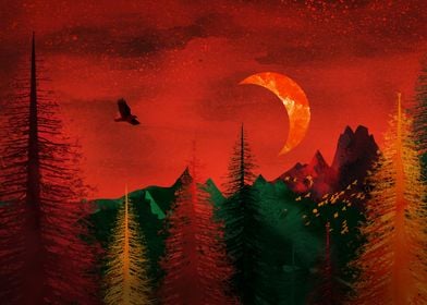 The Red Moon over Forest