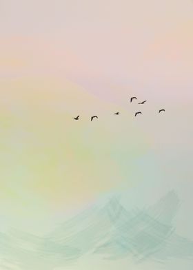 Birds in pastel sky