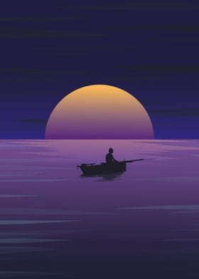 Ocean Sunset With A Fisher