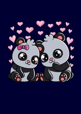 Panda Bears Cute Hearts