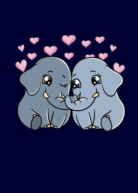 Elephants Couple Hearts