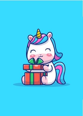 Cute Unicorn Holding Gift 