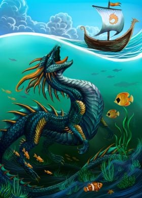 Viking ship and sea dragon