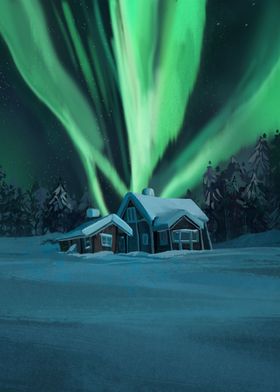 Aurora and snowy House