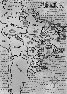 Gray Vintage Map of Brazil