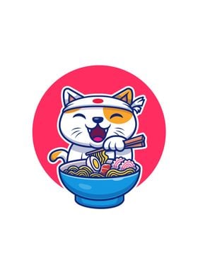 Cute Cat Eating Ramen