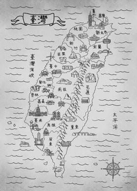 Gray Vintage Map of Taiwan