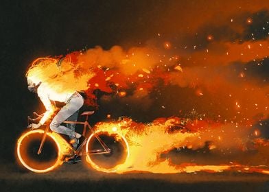 Man Riding A Fire Bicycle