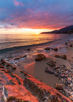 Sunset light rocky beach