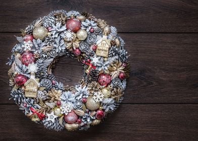 Christmas wreath on wooden