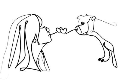 a girl and a pug line art