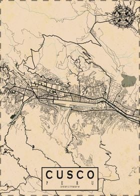 Cusco City Map Vintage