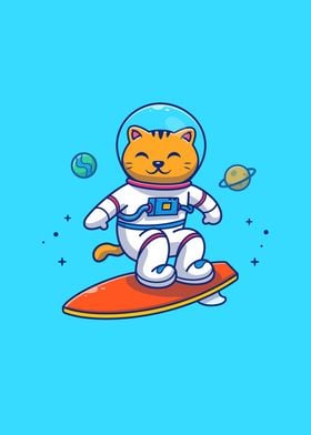 Cute Cat Astronaut Surfing