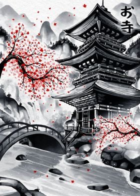 'Japanese Temple Ink Wash' Poster by B Cubed Designs | Displate