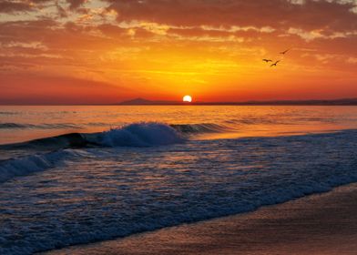 Sandy Sea Beach by Sunset