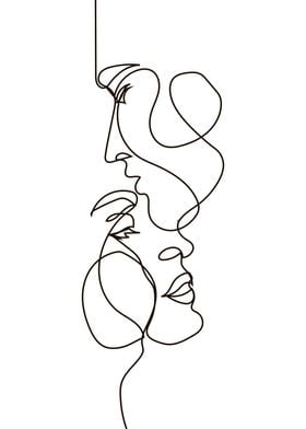 Couples face one line art