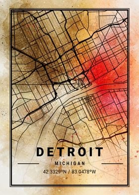 Detroit Ara Watercolor Map