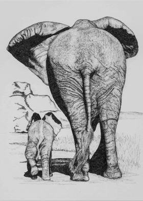 Elephant Mom and Child Art