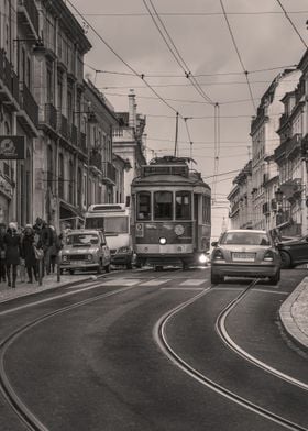 Monochrome tram in Lisbon