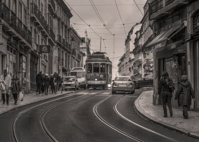 Monochrome tram in Lisbon