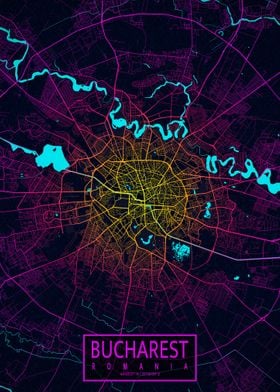 Bucharest City Map Neon