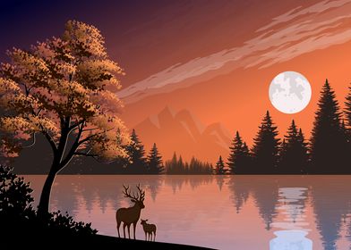 illustration deer and sun