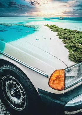 Beach on a classic car