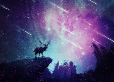 a deer under starry sky