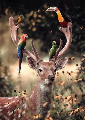 Deer and Birds