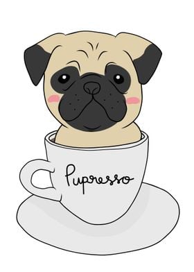 Pug dog in coffee cup