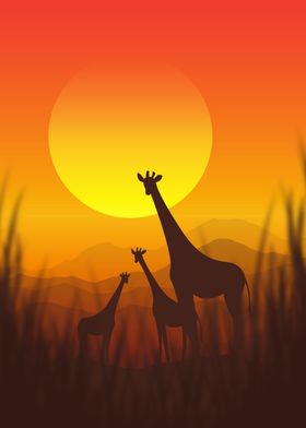 Giraffe Family Sunset