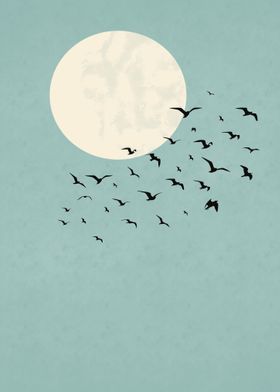 Birds before moon Sky blue