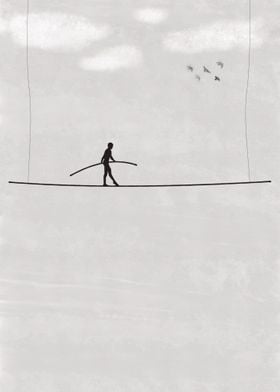 Tightrope walker in clouds