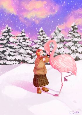 Flamingo in the snow