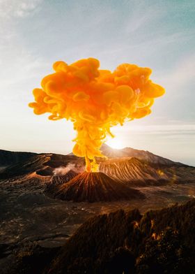 Orange smoke volcano erupt