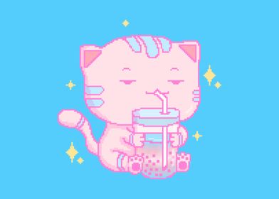 Trans Pixel Cat Bubble Tea