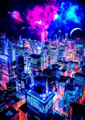 Neon cityscape wallpaper with purple and blue hues