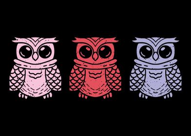 Three colored owls