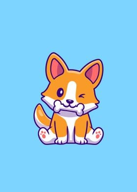 Cute corgi dog eating bone