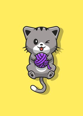 Cute cat playing yarn ball