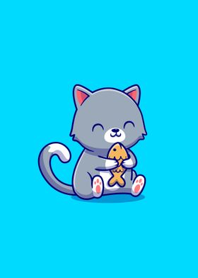 Cute cat holding fish