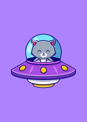 cat driving spaceship ufo