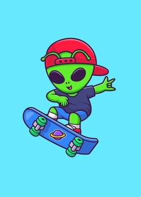 alien playing skateboard